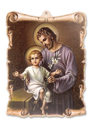 Holzbild - Heiliger Josef mit Kind - lila Kleid