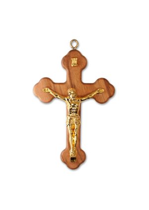 Holzkreuz - Kleeblattform mit goldenen Corpus - als Anhänger - 6,5 cm