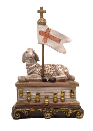 Schatulle - Lamm Gottes auf dem Buch mit den sieben Siegeln, 18 cm hoch - Vorderansicht aus Polyresine