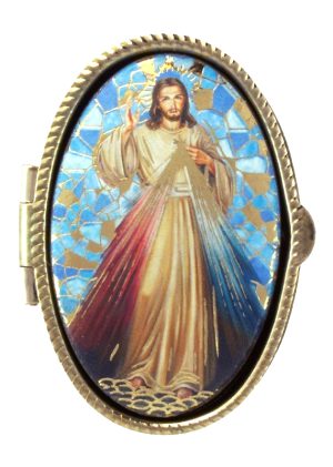 Ovale, goldfarbene Rosenkranzdose - Motiv: Barmherziger Jesus