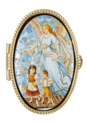Ovale, goldfarbene Rosenkranzdose - Motiv: Schutzengel