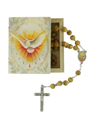 SET - Rosenkranz aus Holz, mit einem Etui aus Holz, das Motiv zeigt den Hl. Geist