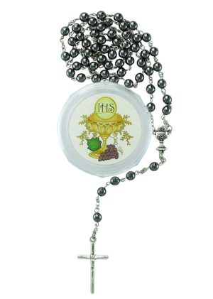 SET - Etui mit dem IHS und Hämatit Rosenkranz