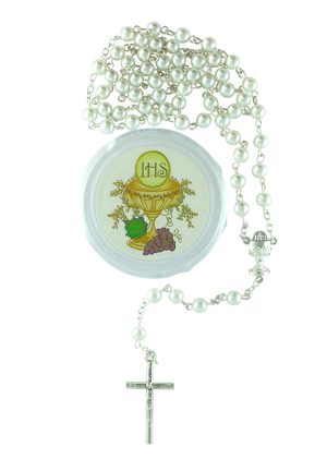 SET - Etui mit dem IHS und weißem Rosenkranz