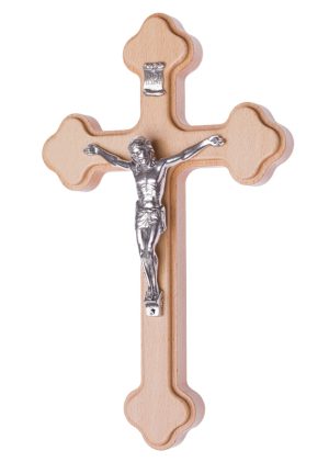 Buchenholzkreuz - Kleeblattform mit silbernen Corpus - Wandkreuz